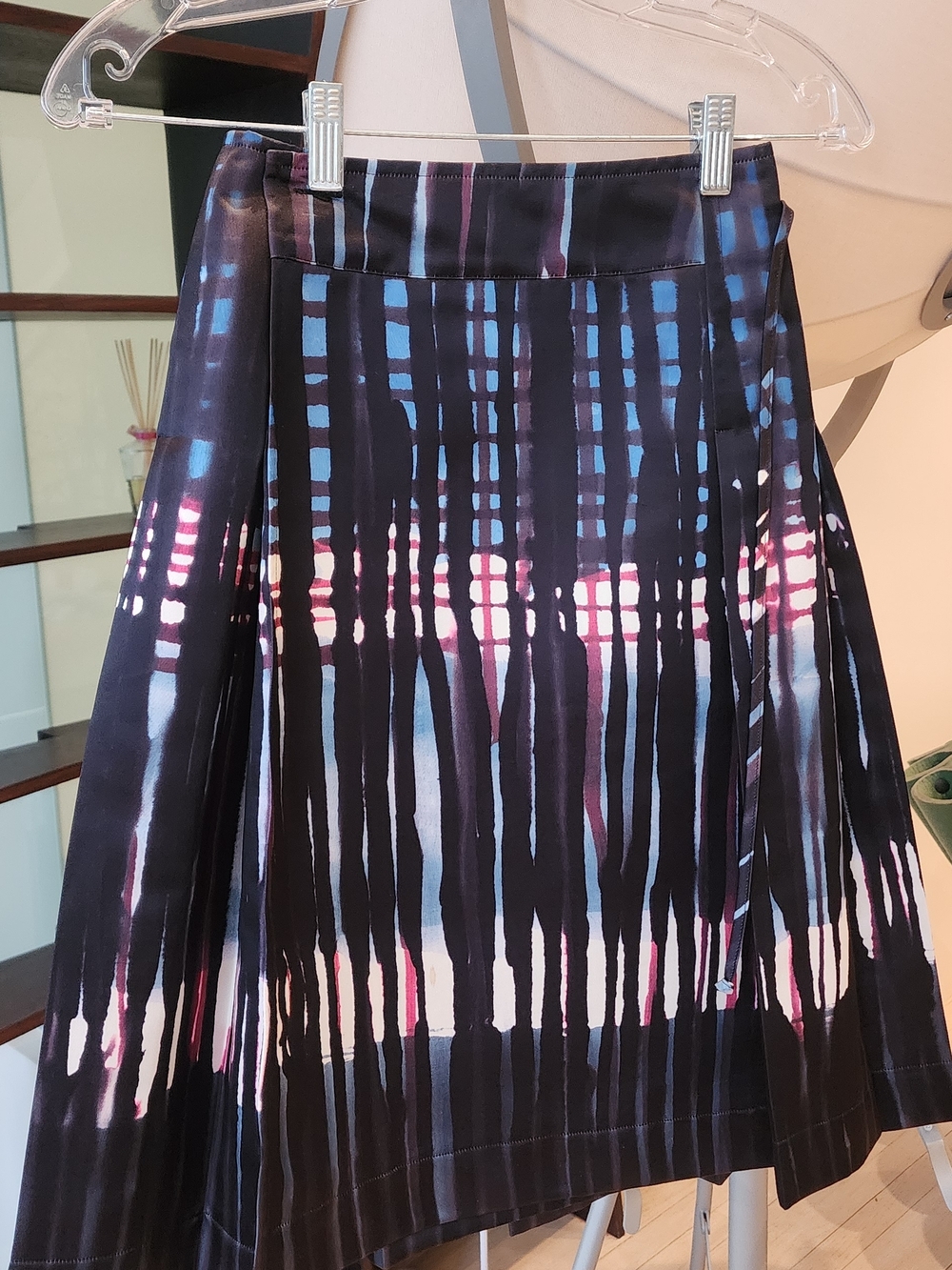 Tomas Maier Black Midi Skirt with Blue & Pink Vertical Print Size S